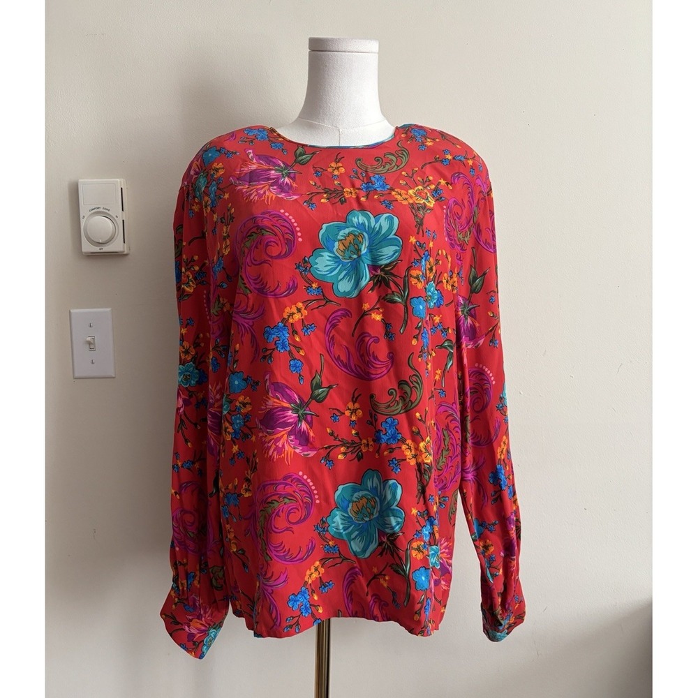 Liz Claiborne Womens Large 100% Silk Blouse Shoulder Pads 80s Floral Red Vintage
